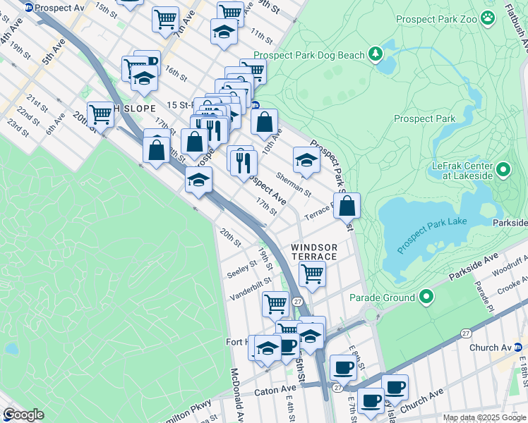 map of restaurants, bars, coffee shops, grocery stores, and more near 608A 17th Street in Brooklyn