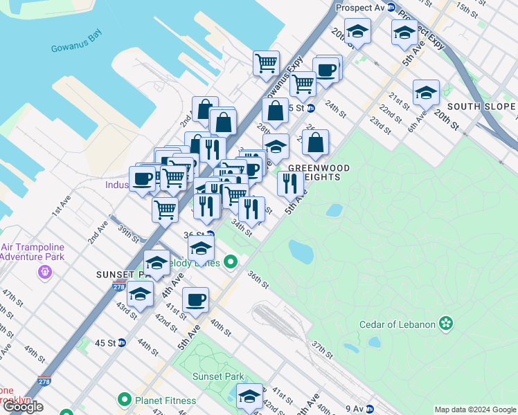 map of restaurants, bars, coffee shops, grocery stores, and more near 181 32nd Street in Brooklyn