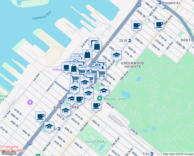 map of restaurants, bars, coffee shops, grocery stores, and more near 161 34th Street in Brooklyn