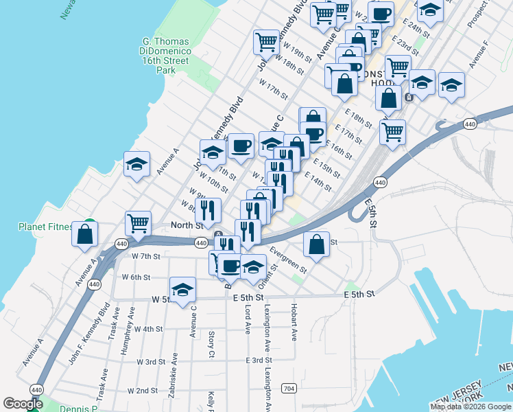 map of restaurants, bars, coffee shops, grocery stores, and more near 33 West 10th Street in Bayonne
