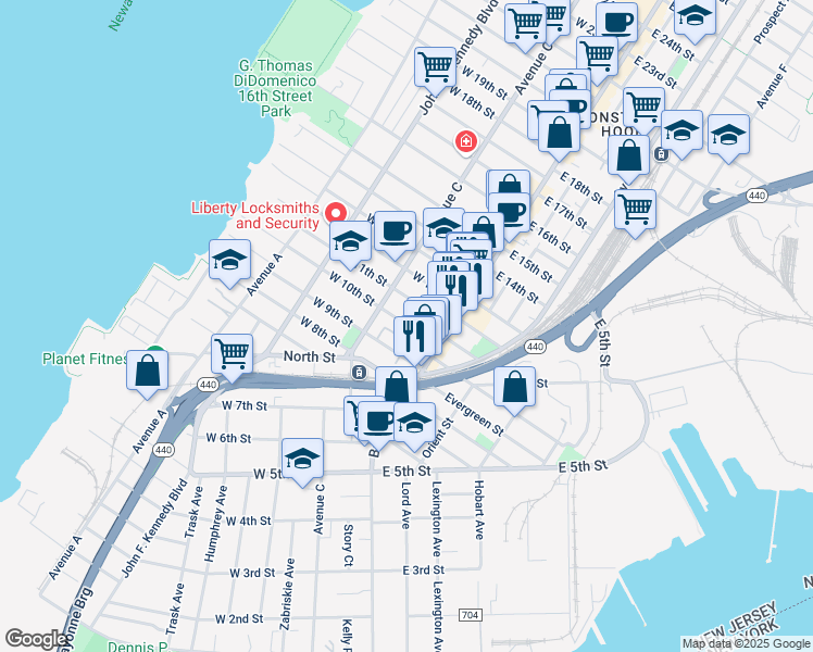 map of restaurants, bars, coffee shops, grocery stores, and more near 33 West 10th Street in Bayonne