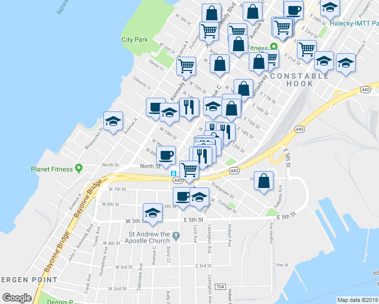 map of restaurants, bars, coffee shops, grocery stores, and more near 33 West 10th Street in Bayonne