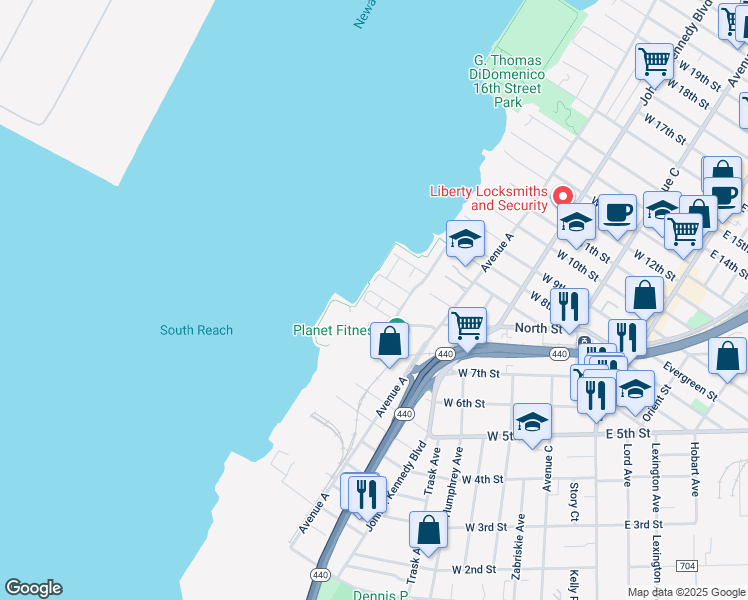map of restaurants, bars, coffee shops, grocery stores, and more near 13 Schuyler Place West in Bayonne
