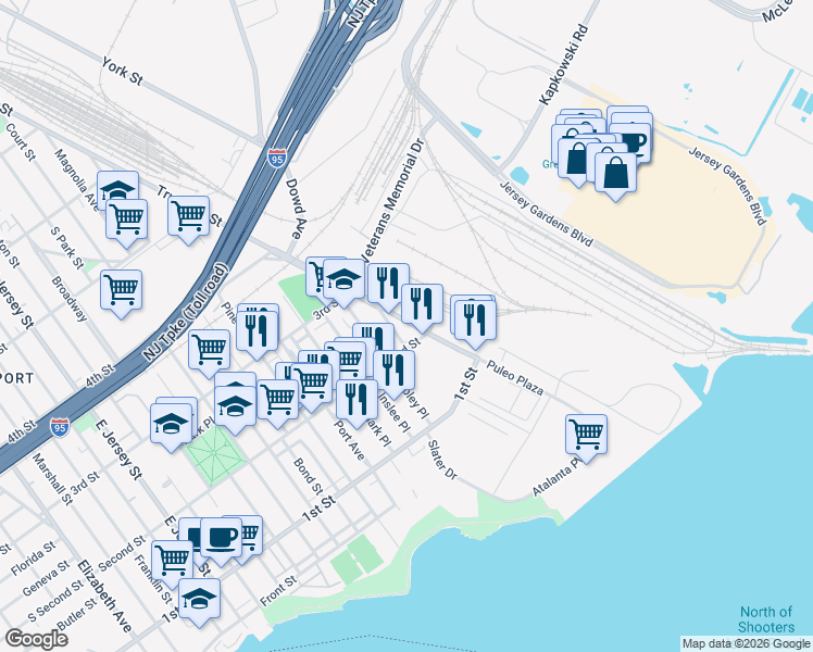 map of restaurants, bars, coffee shops, grocery stores, and more near 208 Trumbull Street in Elizabeth