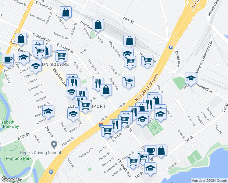 map of restaurants, bars, coffee shops, grocery stores, and more near 448 Broadway in Elizabeth