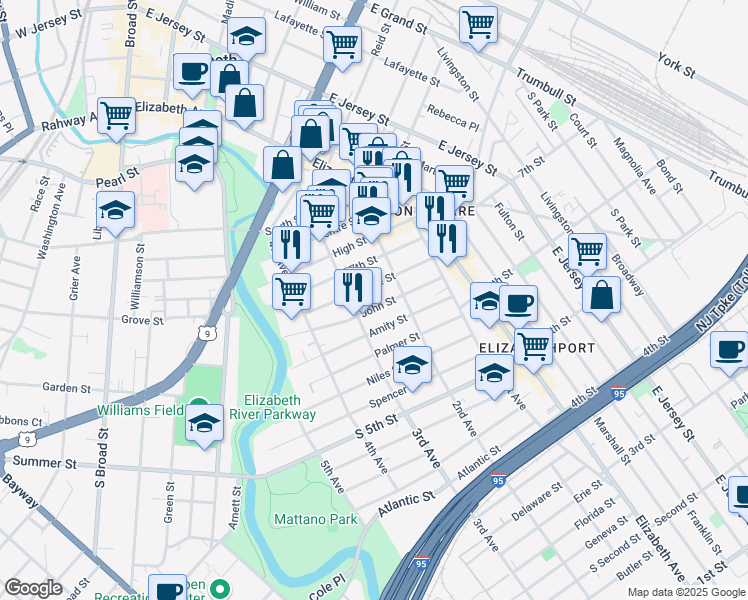 map of restaurants, bars, coffee shops, grocery stores, and more near 234 Christine Street in Elizabeth