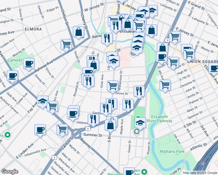 map of restaurants, bars, coffee shops, grocery stores, and more near 354 South Broad Street in Elizabeth