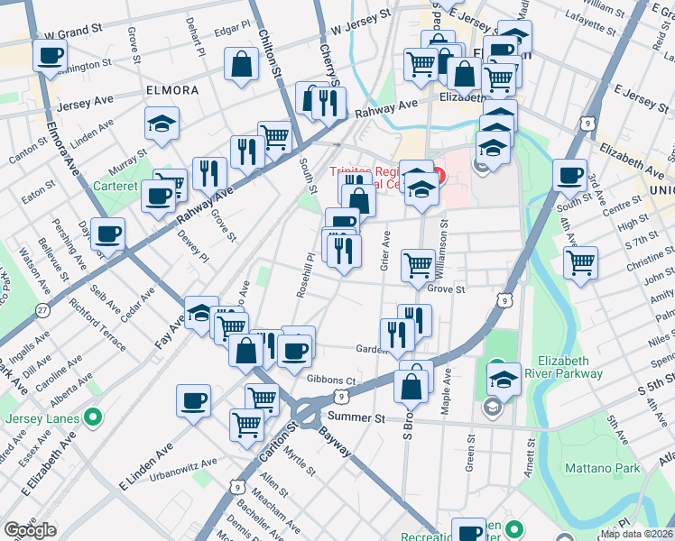 map of restaurants, bars, coffee shops, grocery stores, and more near 920 McLain Street in Elizabeth