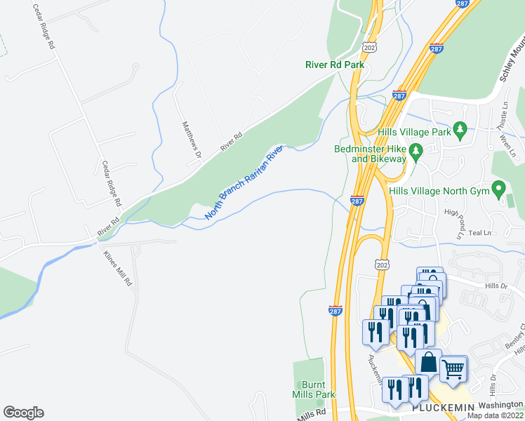 map of restaurants, bars, coffee shops, grocery stores, and more near 2062 Black River Road in Bedminster