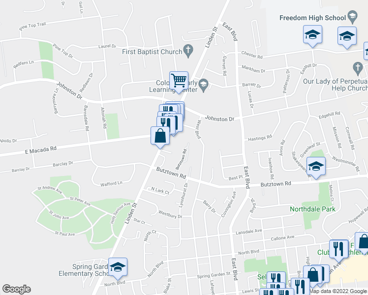 map of restaurants, bars, coffee shops, grocery stores, and more near 2929 West Boulevard in Bethlehem