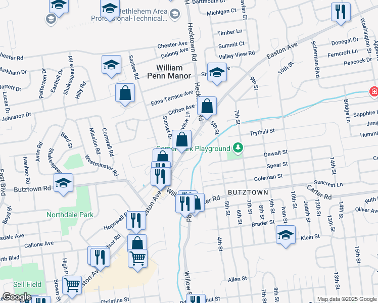map of restaurants, bars, coffee shops, grocery stores, and more near 3354 Easton Avenue in Bethlehem