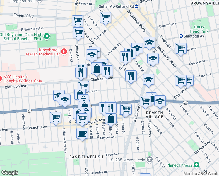 map of restaurants, bars, coffee shops, grocery stores, and more near 879 Lenox Road in Brooklyn