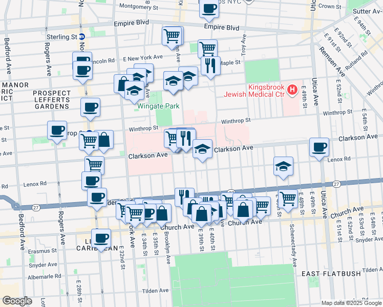 map of restaurants, bars, coffee shops, grocery stores, and more near 581 Clarkson Avenue in Brooklyn