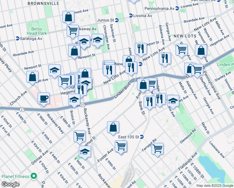 map of restaurants, bars, coffee shops, grocery stores, and more near 1572 Linden Boulevard in Brooklyn