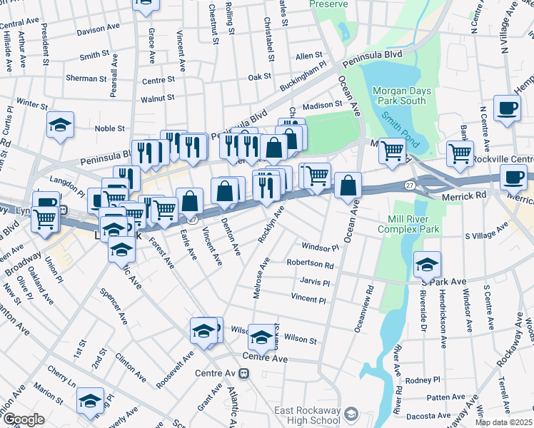 map of restaurants, bars, coffee shops, grocery stores, and more near 7 Huntington Avenue in Lynbrook