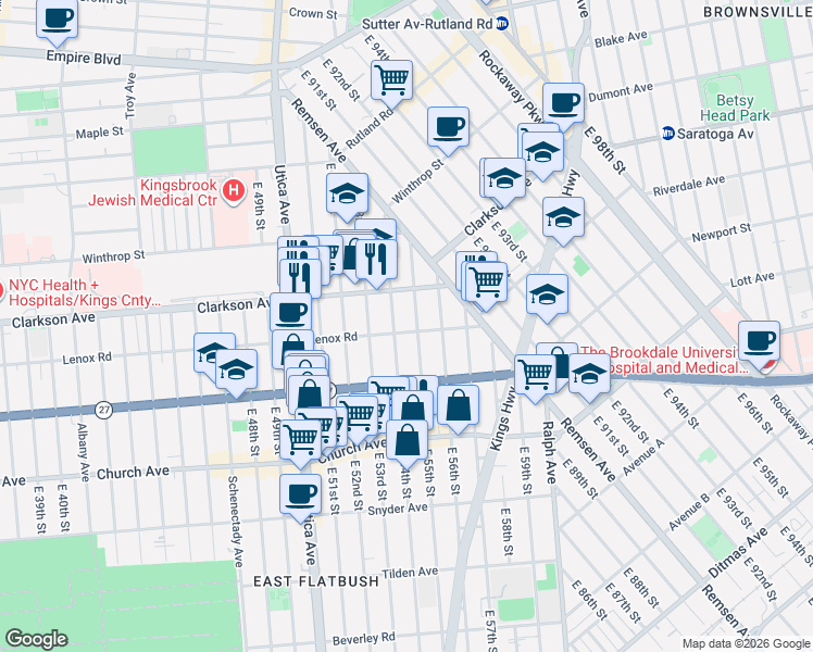 map of restaurants, bars, coffee shops, grocery stores, and more near 889 Lenox Road in Brooklyn