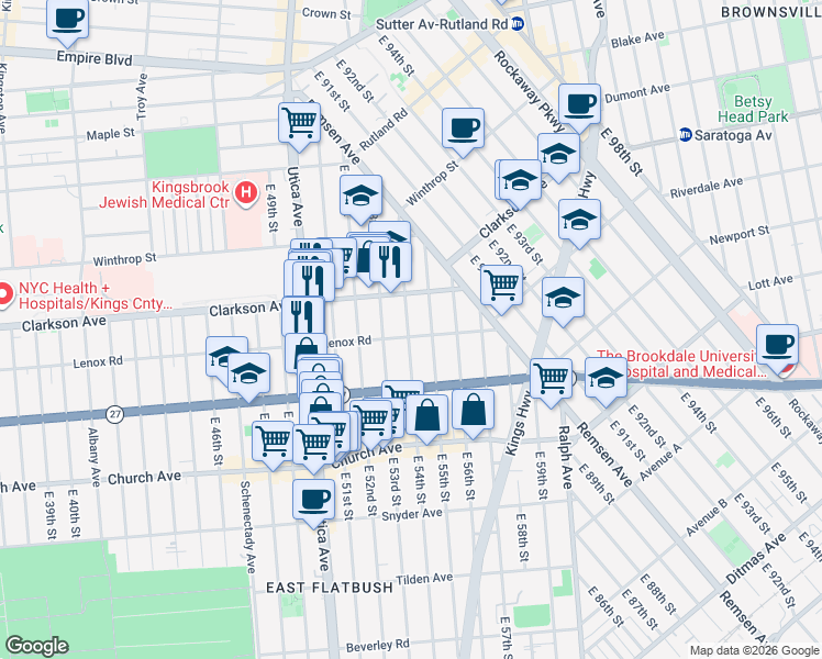map of restaurants, bars, coffee shops, grocery stores, and more near 129 East 54th Street in Brooklyn