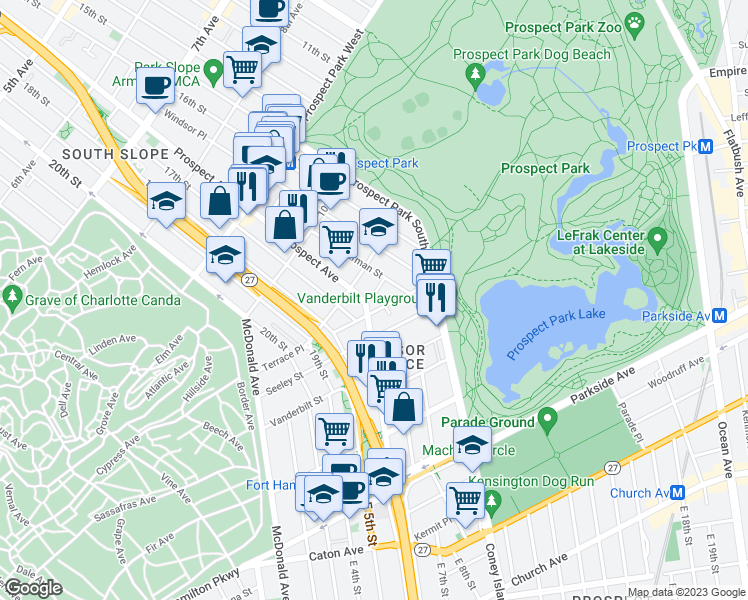 map of restaurants, bars, coffee shops, grocery stores, and more near 1107 Prospect Avenue in Brooklyn