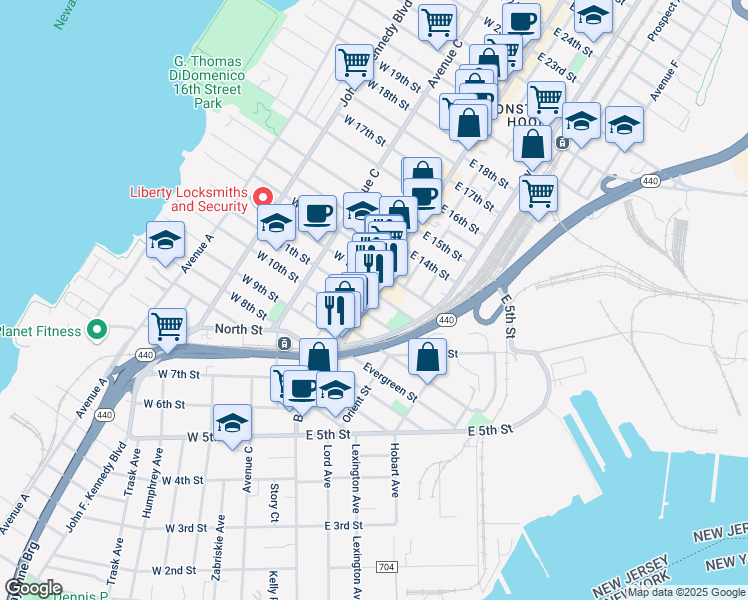 map of restaurants, bars, coffee shops, grocery stores, and more near 7 West 11th Street in Bayonne