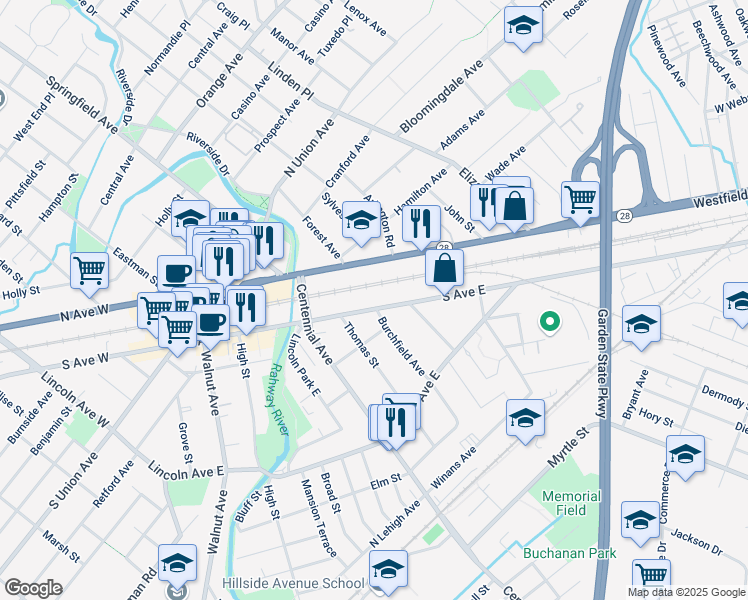 map of restaurants, bars, coffee shops, grocery stores, and more near 505 South Avenue East in Cranford