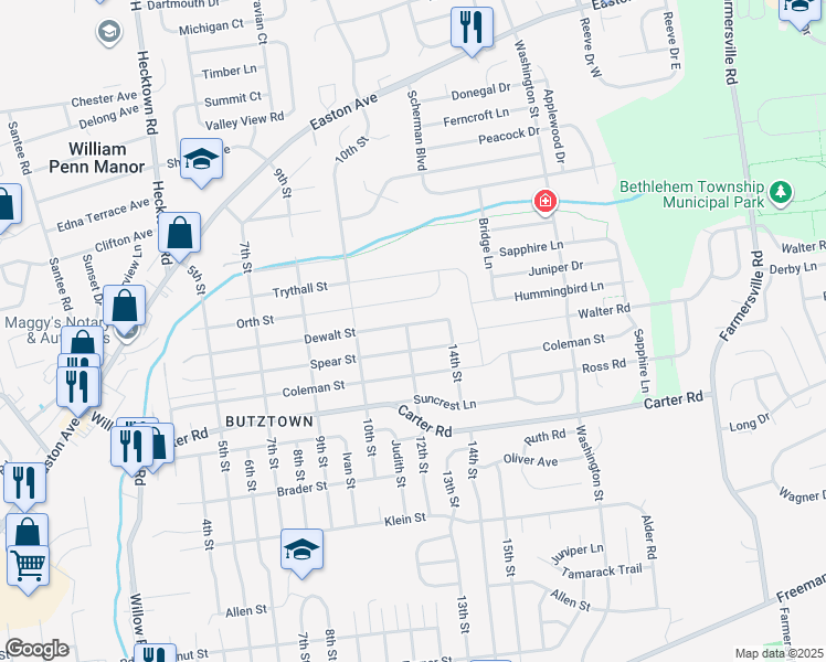 map of restaurants, bars, coffee shops, grocery stores, and more near 3910 Dewalt Street in Bethlehem