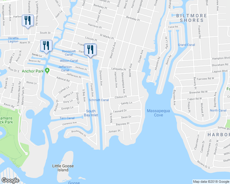 map of restaurants, bars, coffee shops, grocery stores, and more near 10 Harrison Avenue in Massapequa