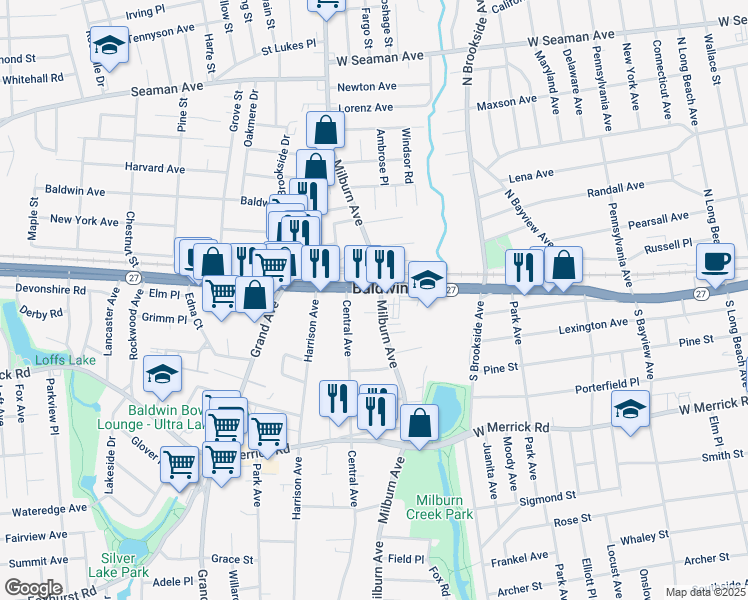 map of restaurants, bars, coffee shops, grocery stores, and more near in Baldwin