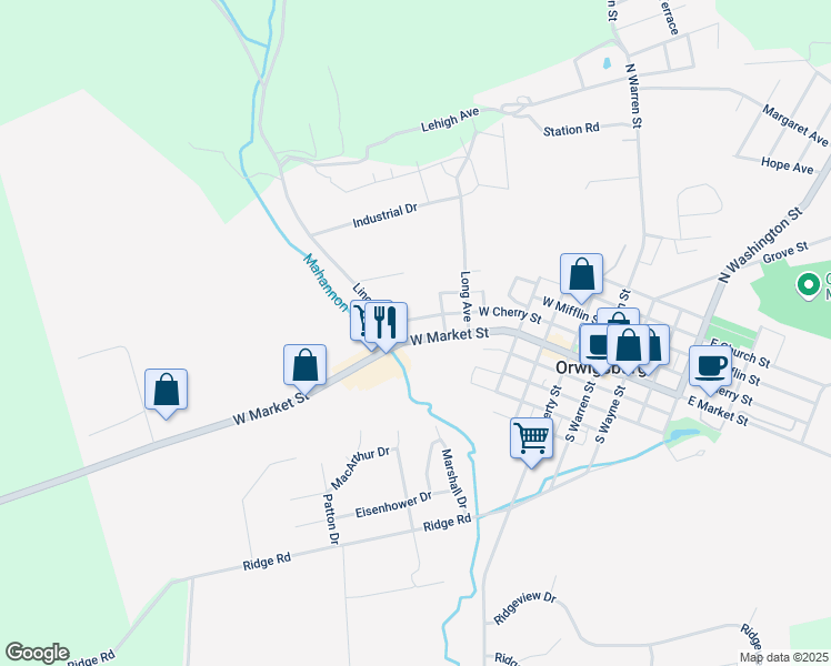 map of restaurants, bars, coffee shops, grocery stores, and more near 626 West Market Street in Orwigsburg