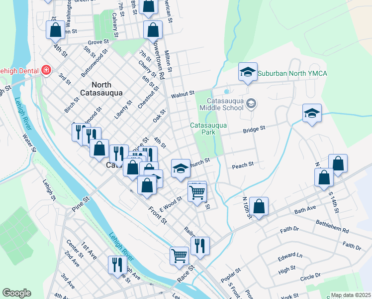 map of restaurants, bars, coffee shops, grocery stores, and more near 431 Bridge Street in Catasauqua