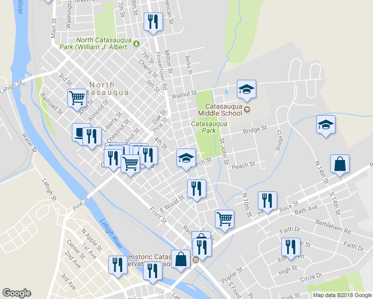 map of restaurants, bars, coffee shops, grocery stores, and more near 429 Bridge Street in Catasauqua