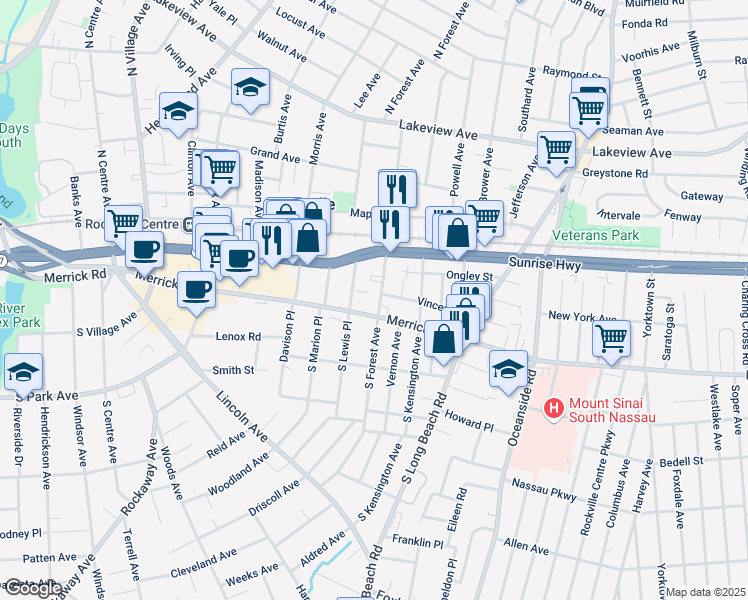 map of restaurants, bars, coffee shops, grocery stores, and more near 22 North Forest Avenue in Rockville Centre
