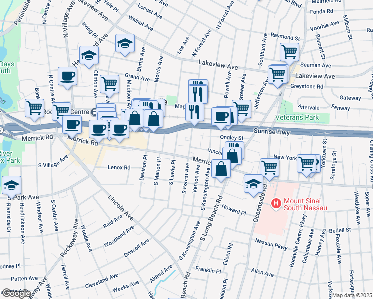 map of restaurants, bars, coffee shops, grocery stores, and more near 22 North Forest Avenue in Rockville Centre