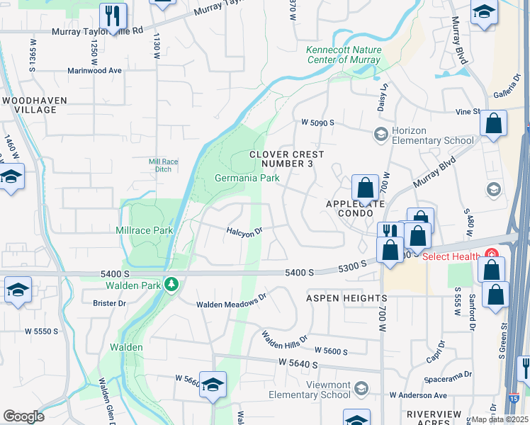 map of restaurants, bars, coffee shops, grocery stores, and more near 5312 Roseleaf Drive in Murray