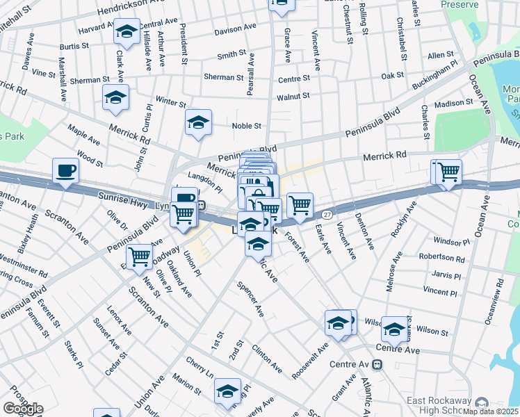 map of restaurants, bars, coffee shops, grocery stores, and more near 40 Atlantic Avenue in Lynbrook