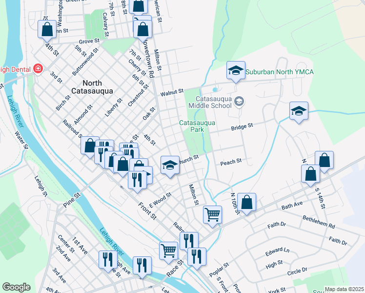 map of restaurants, bars, coffee shops, grocery stores, and more near 431 Bridge Street in Catasauqua