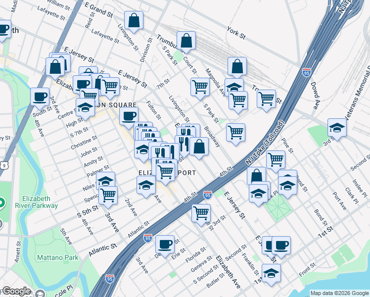 map of restaurants, bars, coffee shops, grocery stores, and more near 517 Fulton Street in Elizabeth