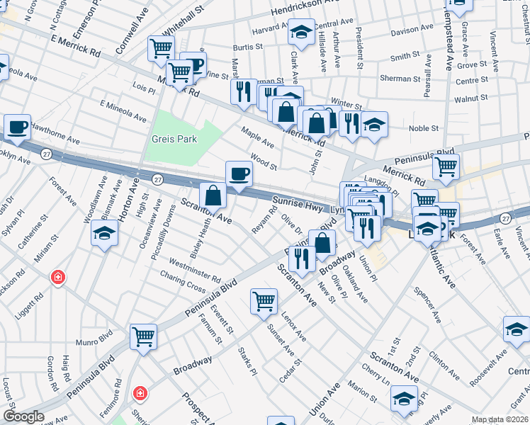 map of restaurants, bars, coffee shops, grocery stores, and more near 22 Reyam Road in Lynbrook