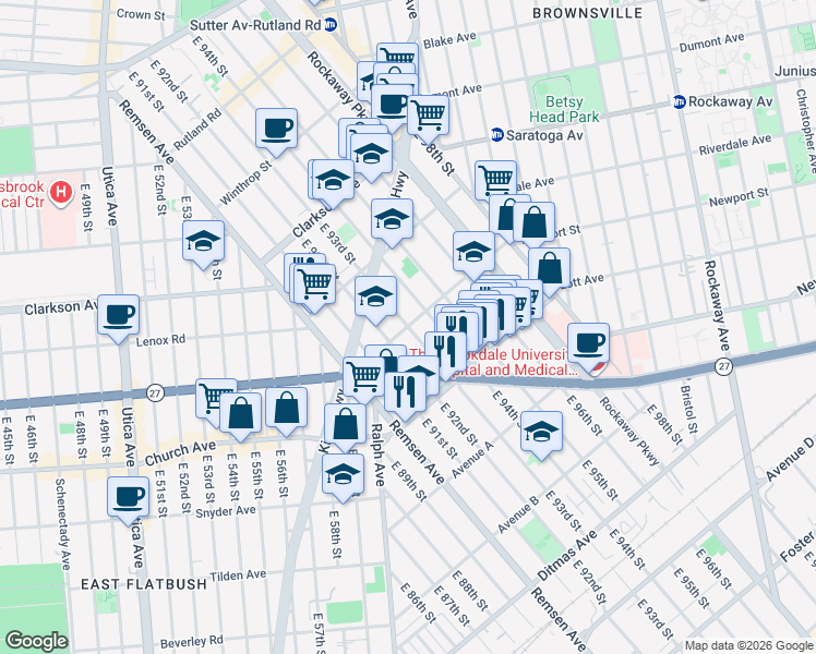 map of restaurants, bars, coffee shops, grocery stores, and more near E 93rd St & Willmohr St in Brooklyn