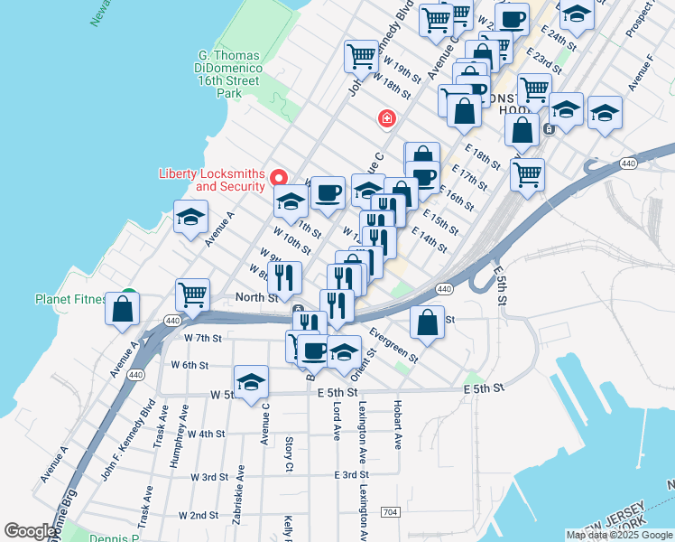 map of restaurants, bars, coffee shops, grocery stores, and more near 33 West 10th Street in Bayonne