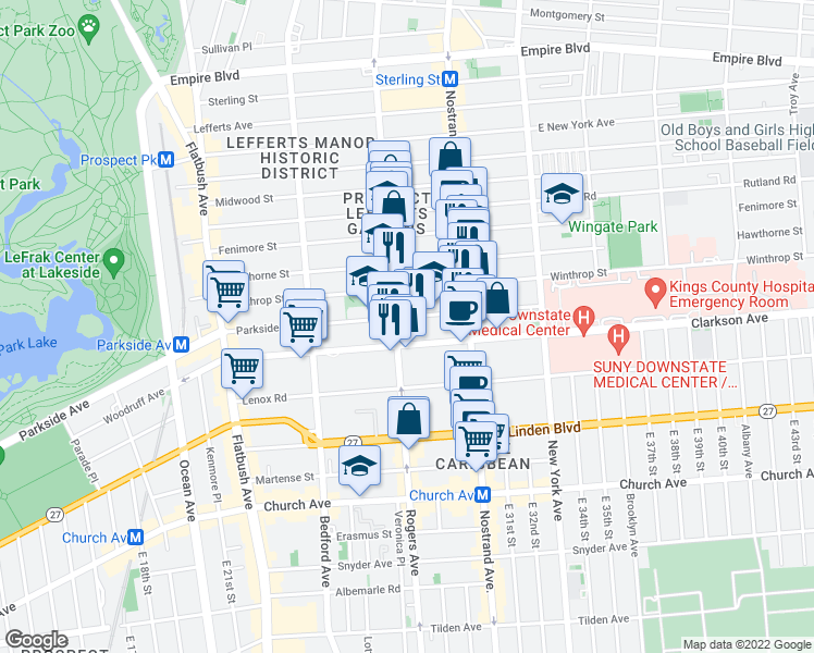 map of restaurants, bars, coffee shops, grocery stores, and more near 636 Rogers Avenue in Brooklyn