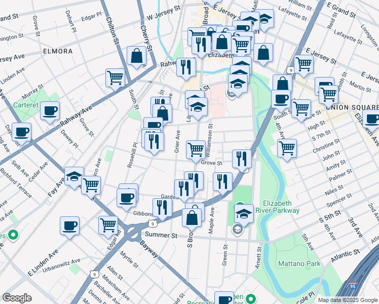 map of restaurants, bars, coffee shops, grocery stores, and more near 354 South Broad Street in Elizabeth