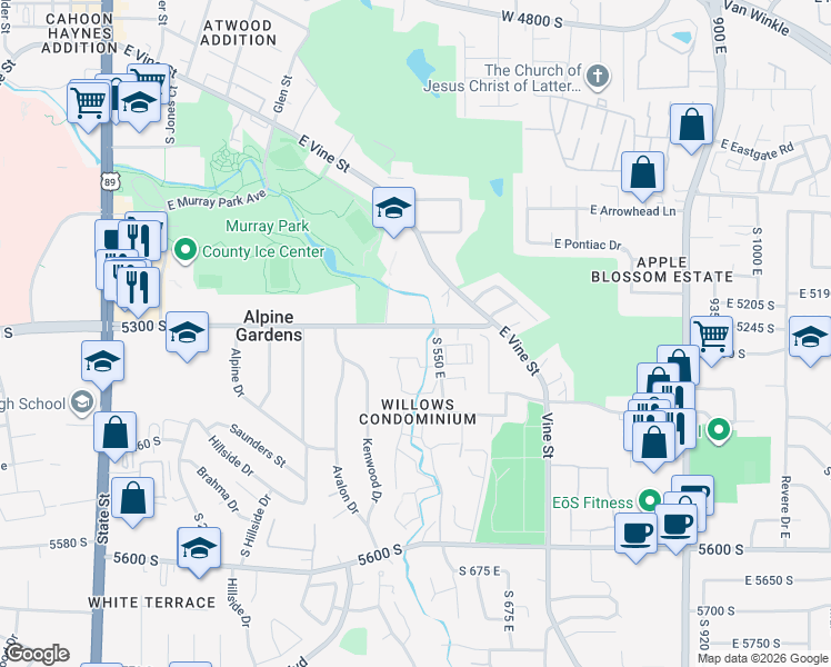 map of restaurants, bars, coffee shops, grocery stores, and more near 518 East 5300 South in Murray