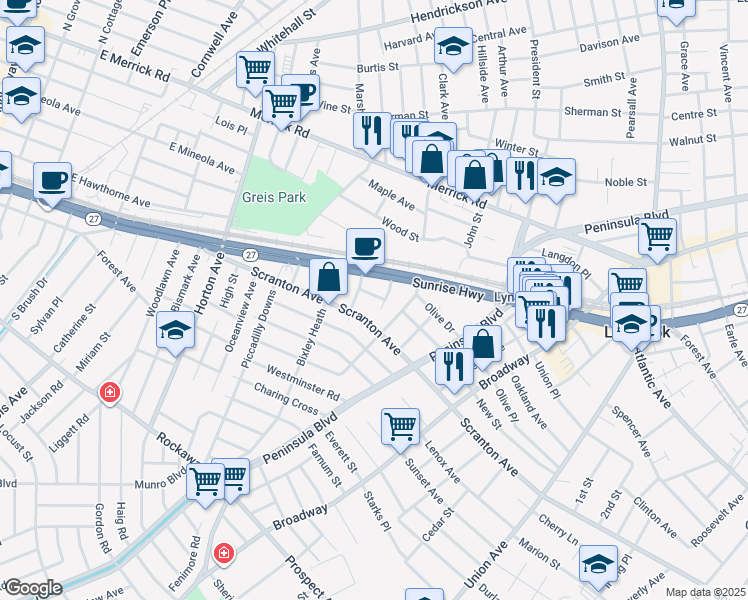 map of restaurants, bars, coffee shops, grocery stores, and more near 12 Roxy Place in Lynbrook