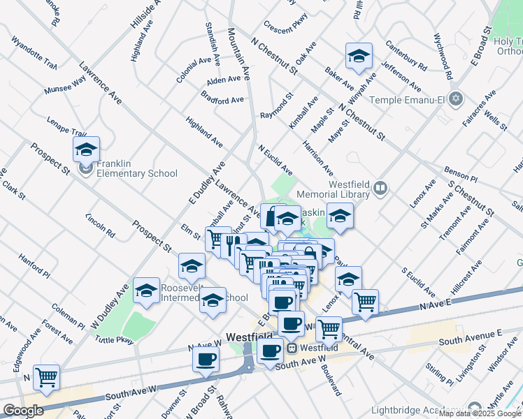 map of restaurants, bars, coffee shops, grocery stores, and more near 201 Mountain Avenue in Westfield