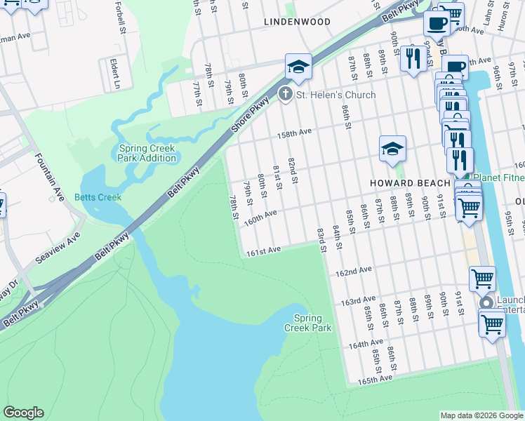 map of restaurants, bars, coffee shops, grocery stores, and more near 159-43 79th Street in Queens