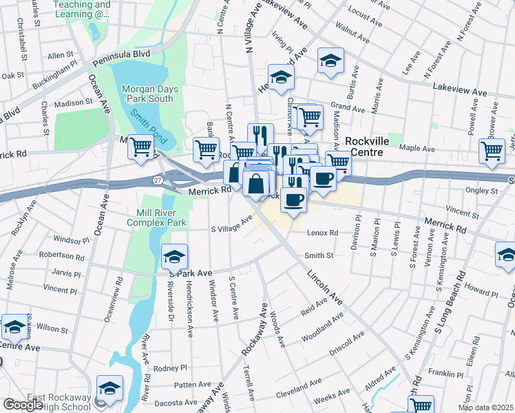 map of restaurants, bars, coffee shops, grocery stores, and more near 28 Lincoln Avenue in Rockville Centre