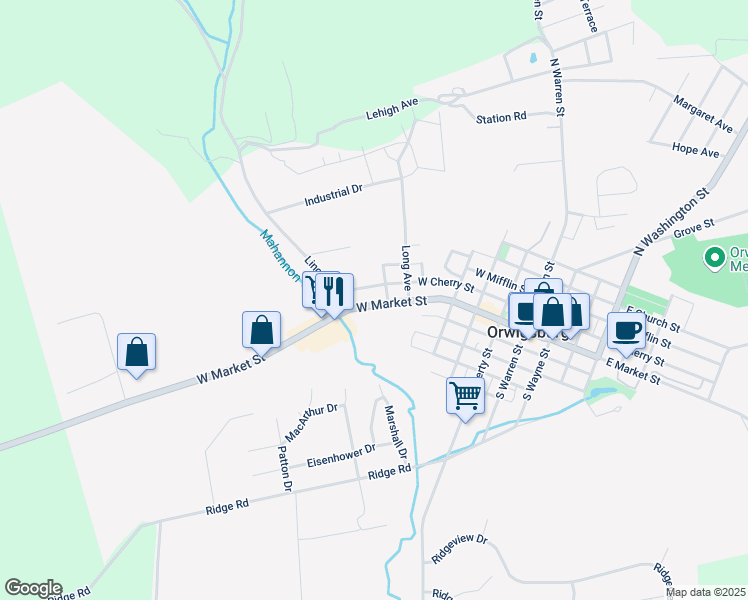 map of restaurants, bars, coffee shops, grocery stores, and more near 626 West Market Street in Orwigsburg