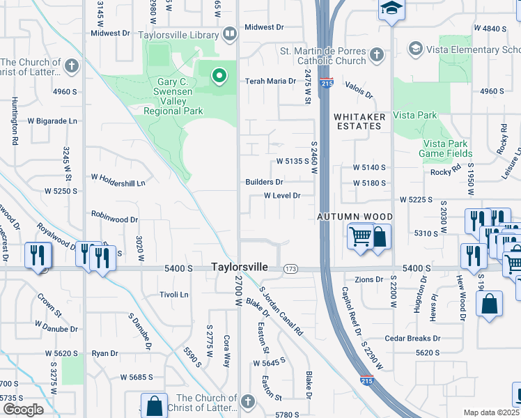 map of restaurants, bars, coffee shops, grocery stores, and more near 5268 South Chalkmark Circle in Taylorsville
