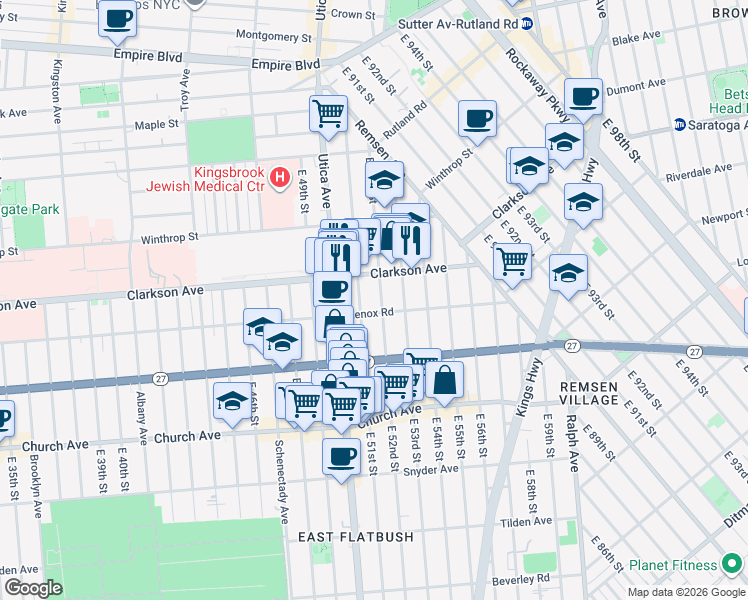 map of restaurants, bars, coffee shops, grocery stores, and more near 208 East 52nd Street in Brooklyn