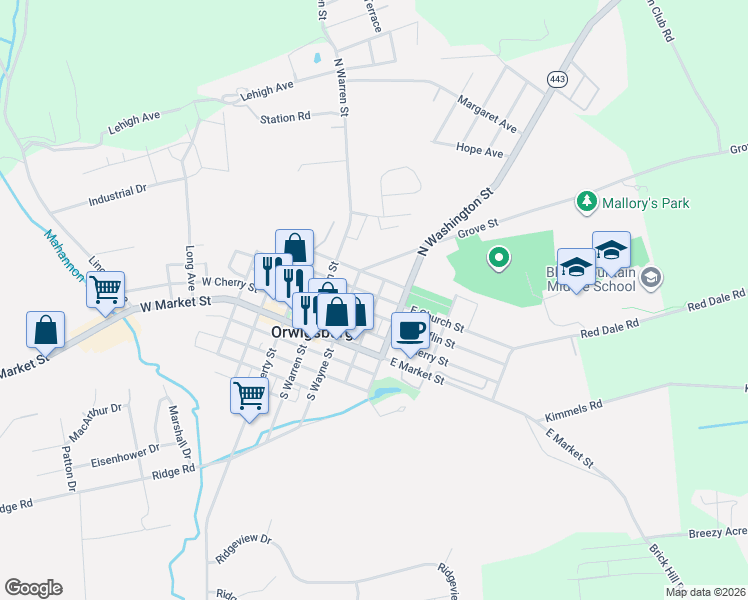 map of restaurants, bars, coffee shops, grocery stores, and more near 215 East Church Street in Orwigsburg